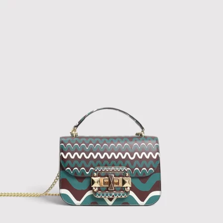 Geantă crossbody Cromia cu lanț și clapă din piele maro cu imprimeu verde cu valuri 1406368
